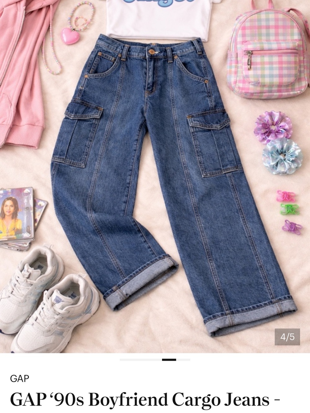 GAP '90s Boyfriend Cargo Jeans Size 0 Petite Blue Baggy Denim